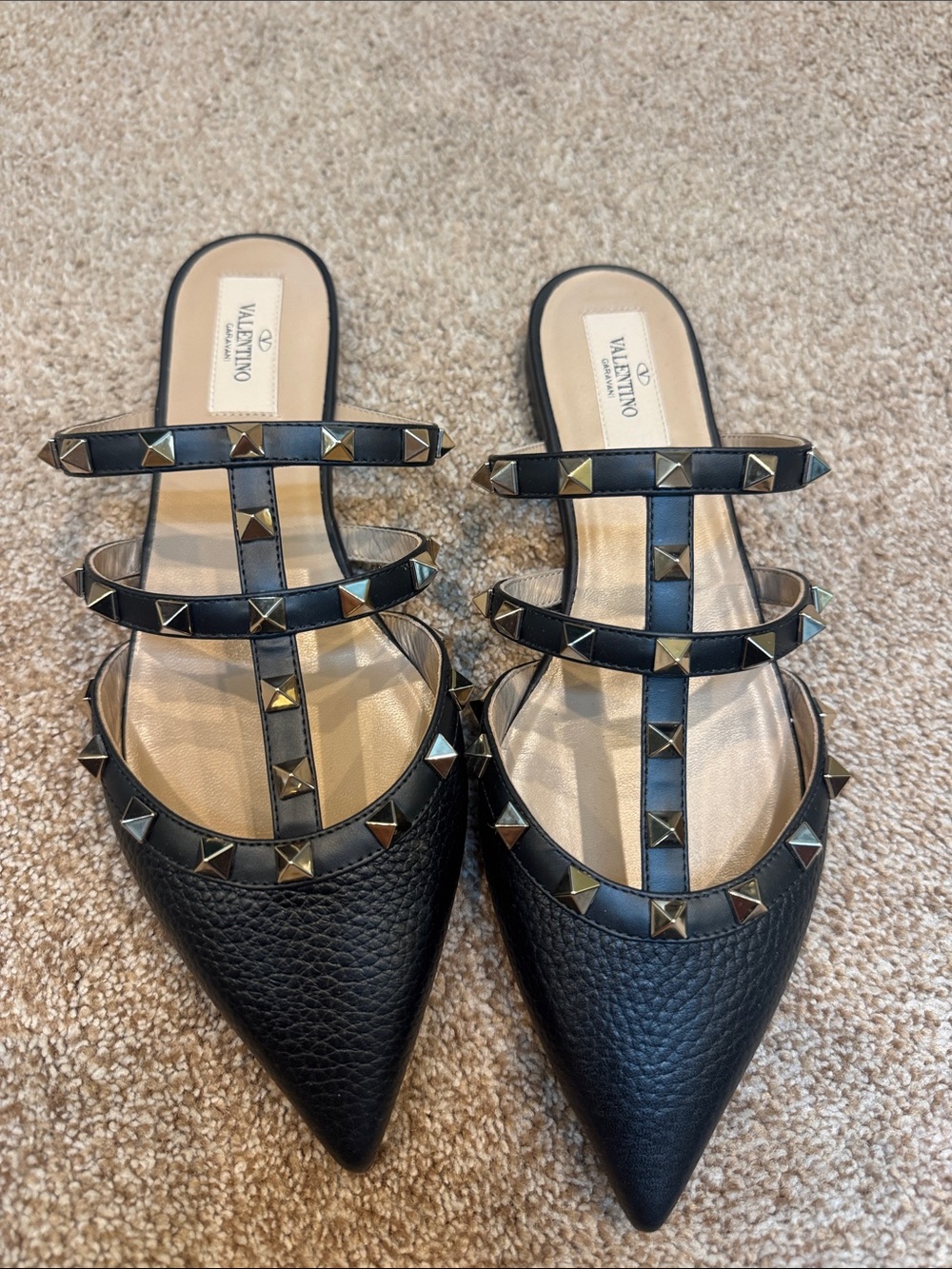 Valentino Black Leather Rockstud Pointed Triple-Strap Mules